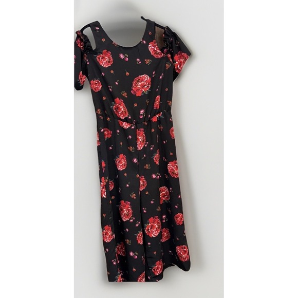 Xhilaration Pants - Rose Capri Romper Black Red Roses Off Shoulder Whimsigoth 50's Vibe Croquette S